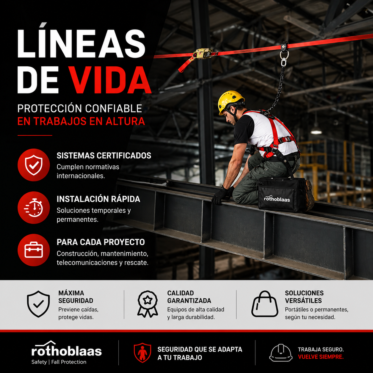 Líneas de vida certificadas para trabajos en altura.